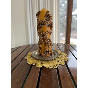 Vintage German Ornate Wax Pillar Candle & Brutalist Bronze Plate Signed Collini